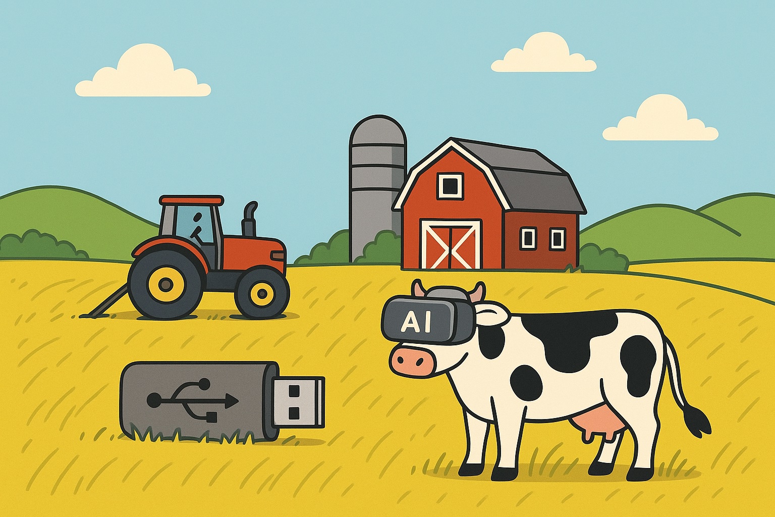 Cartoon cows with VR headsets grazing on fields of data.